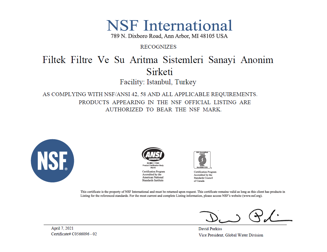 NSF International filtre ve su arıtma sistemleri sertifikası